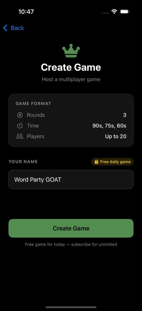 Create Game screen showing game format and player name