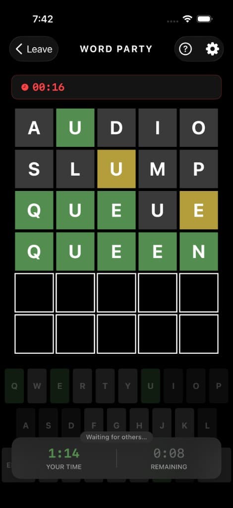 Word Party game board — multiplayer round in progress with colored tiles
