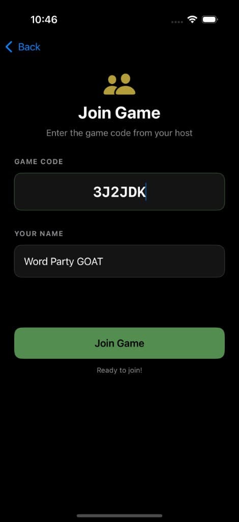 Join Game screen with game code entry