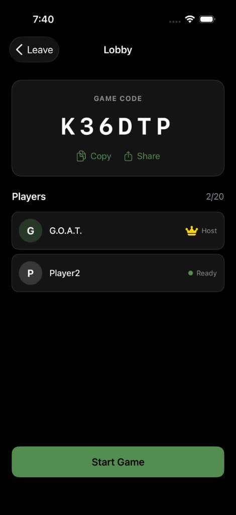Multiplayer lobby showing game code K36DTP with 2 players