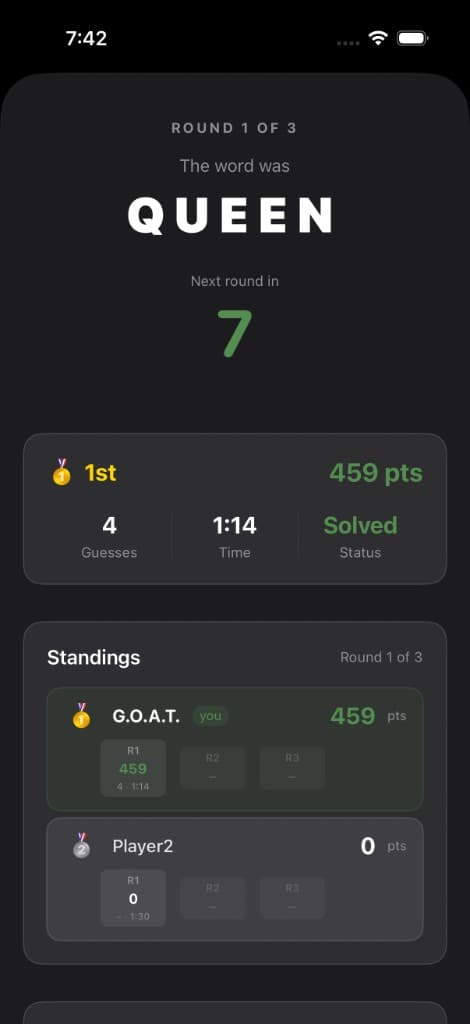 Round results with player standings